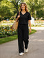 Women's Two Piece Set, Black, V-Neck Top with Wide Leg Trousers, Short Sleeve