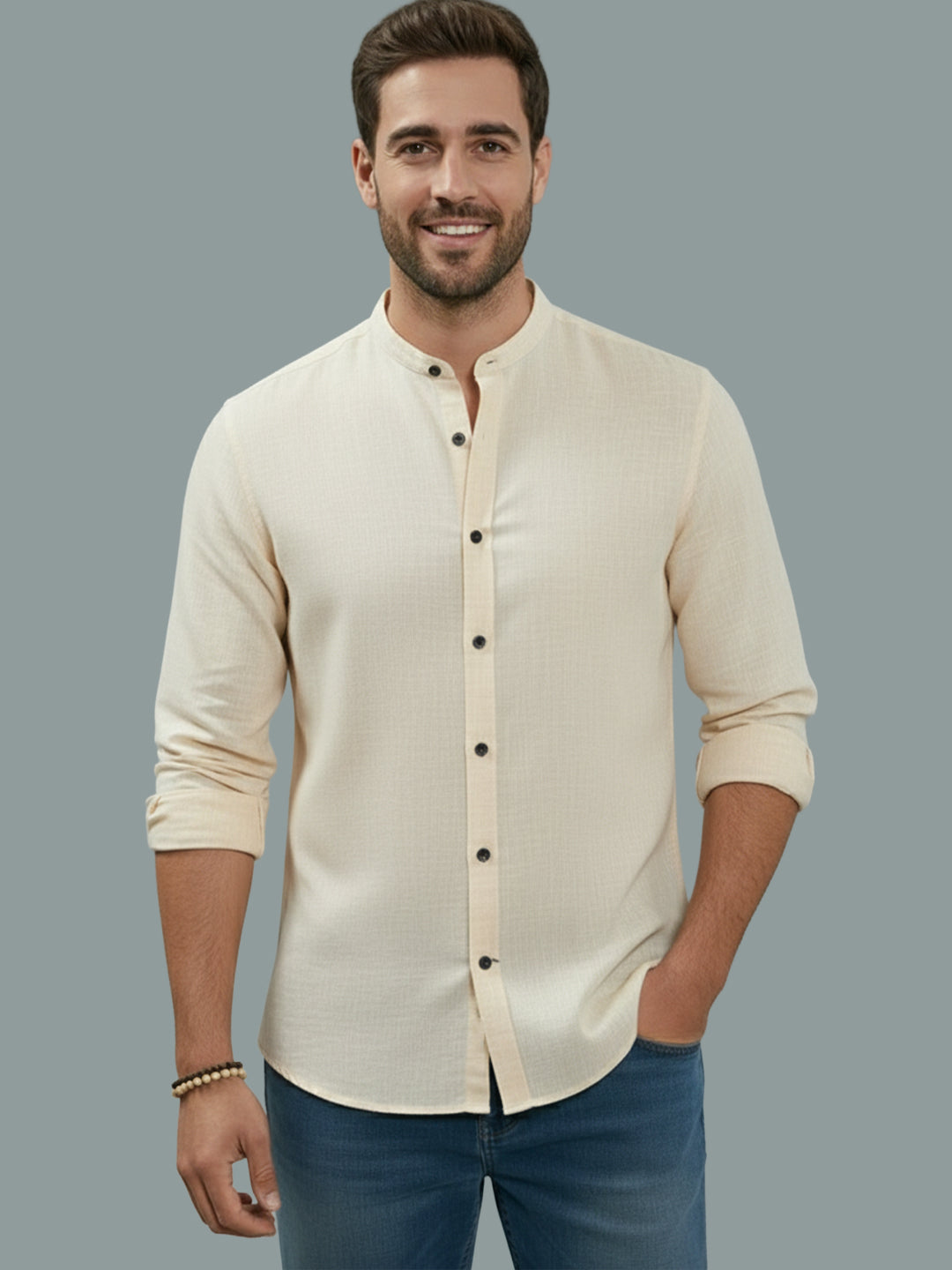 Full Sleeve Chinese Collar Cotton Slim Shirt for Men and Boys in Shirt For Men And Pink by BLUE ROBED, style view
