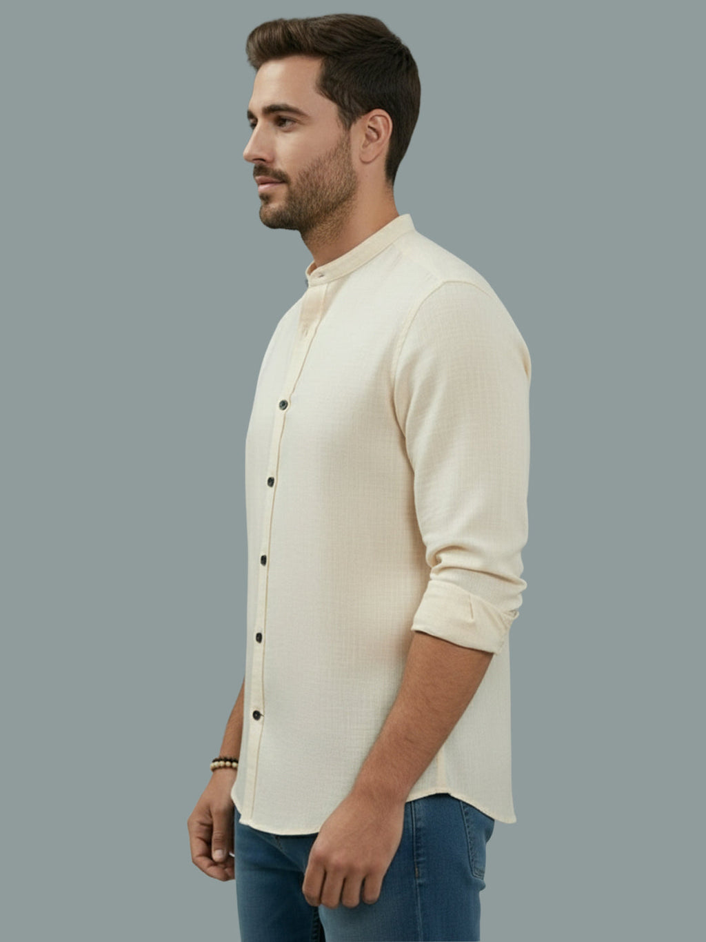 Full Sleeve Chinese Collar Cotton Slim Shirt for Men and Boys in Shirt For Men And Pink by BLUE ROBED, fabric detail
