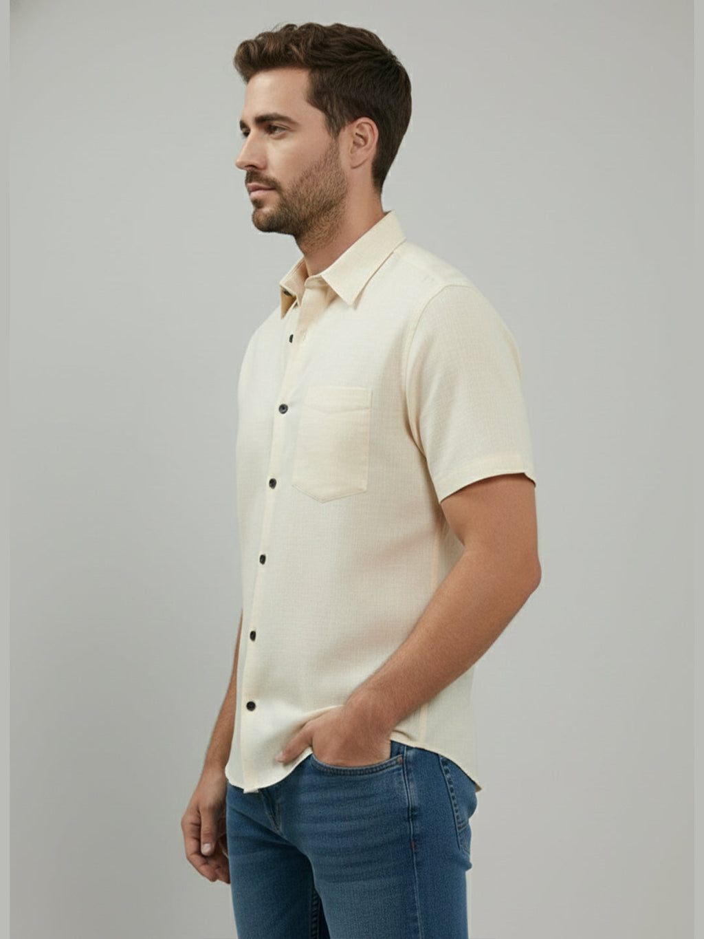 Half Sleeve Spread Collar Cotton Slim Shirt for Men and Boys in Shirt For Men And Yellow by BLUE ROBED, front view