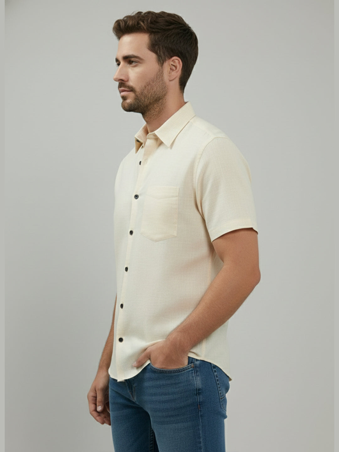 Half Sleeve Spread Collar Cotton Slim Shirt for Men and Boys in Shirt For Men And Yellow by BLUE ROBED, front view
