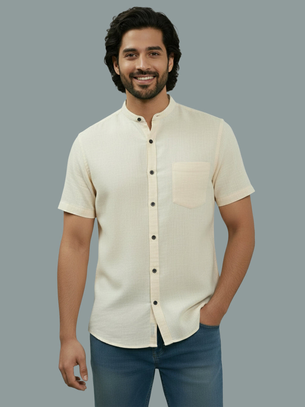 Half Sleeve Chinese Collar Cotton Slim Shirt for Men and Boys in Shirt For Men And White by BLUE ROBED, fit view