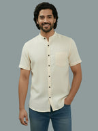 Half Sleeve Chinese Collar Cotton Slim Shirt for Men and Boys in Shirt For Men And White by BLUE ROBED, fit view