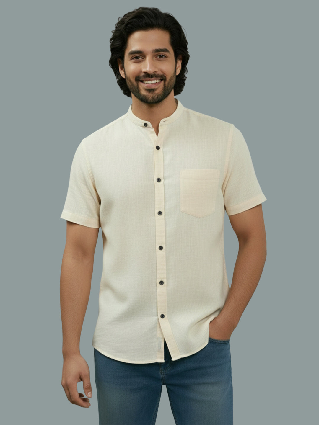 Half Sleeve Chinese Collar Cotton Slim Shirt for Men and Boys in Shirt For Men And White by BLUE ROBED, fit view