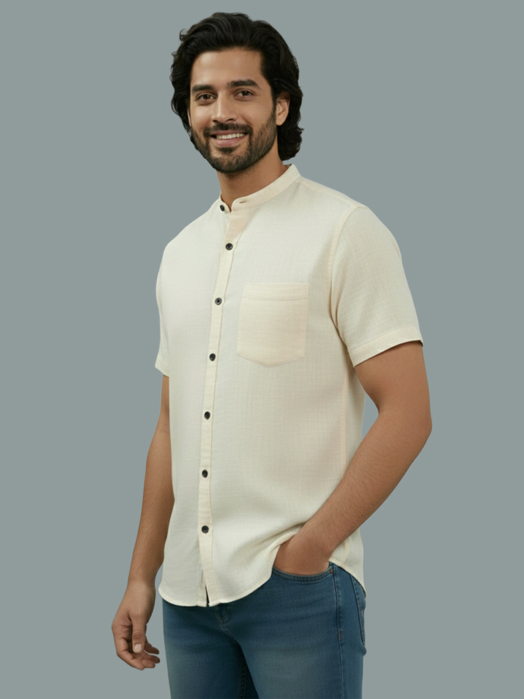 Half Sleeve Chinese Collar Cotton Slim Shirt for Men and Boys in Shirt For Men And White by BLUE ROBED, front view