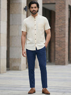 Half Sleeve Chinese Collar Cotton Slim Shirt for Men and Boys in Shirt For Men And White by BLUE ROBED, style view