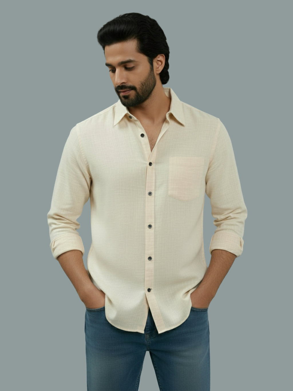 Full Sleeve Spread Collar Cotton Slim Shirt for Men and Boys in Shirt For Men And Green by BLUE ROBED, side view