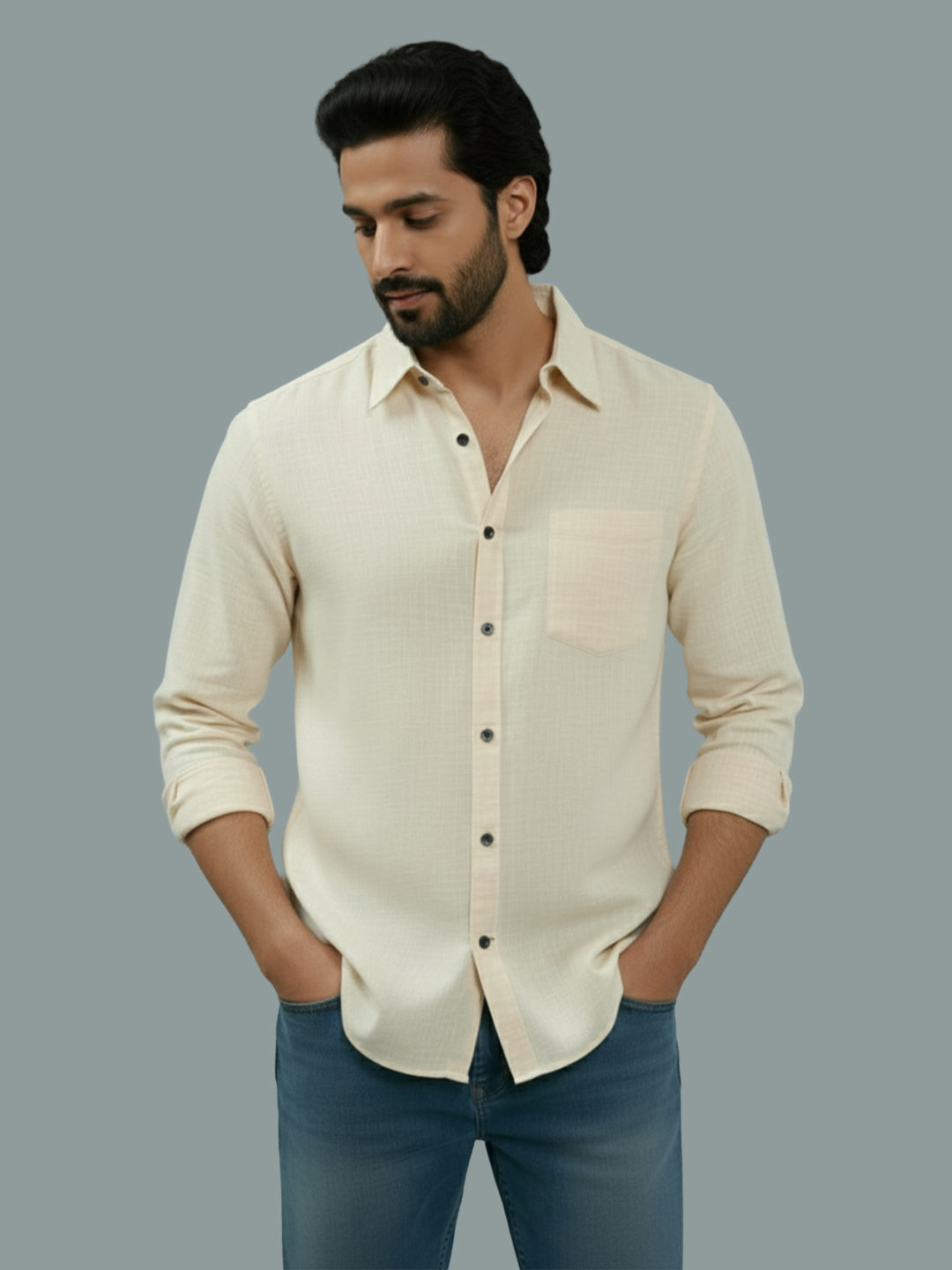 Full Sleeve Spread Collar Cotton Slim Shirt for Men and Boys in Shirt For Men And Green by BLUE ROBED, side view
