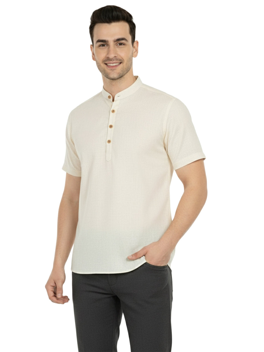 BLUE ROBED Half Sleeve Kurta for men in Beige view 14