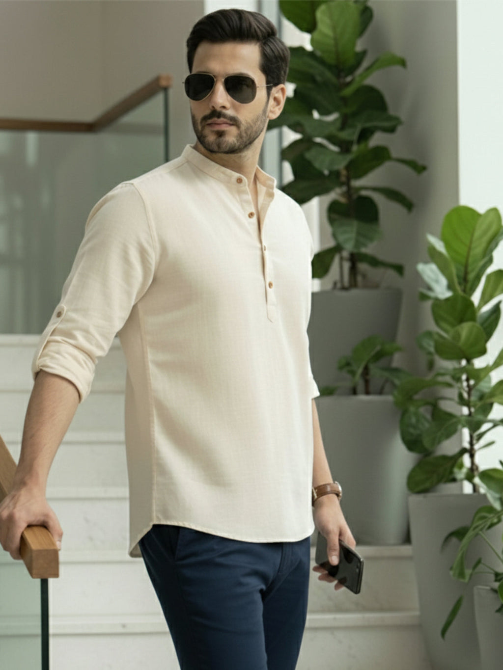 BLUE ROBED Full Sleeve Kurta for men Office Wear in Beige view 129