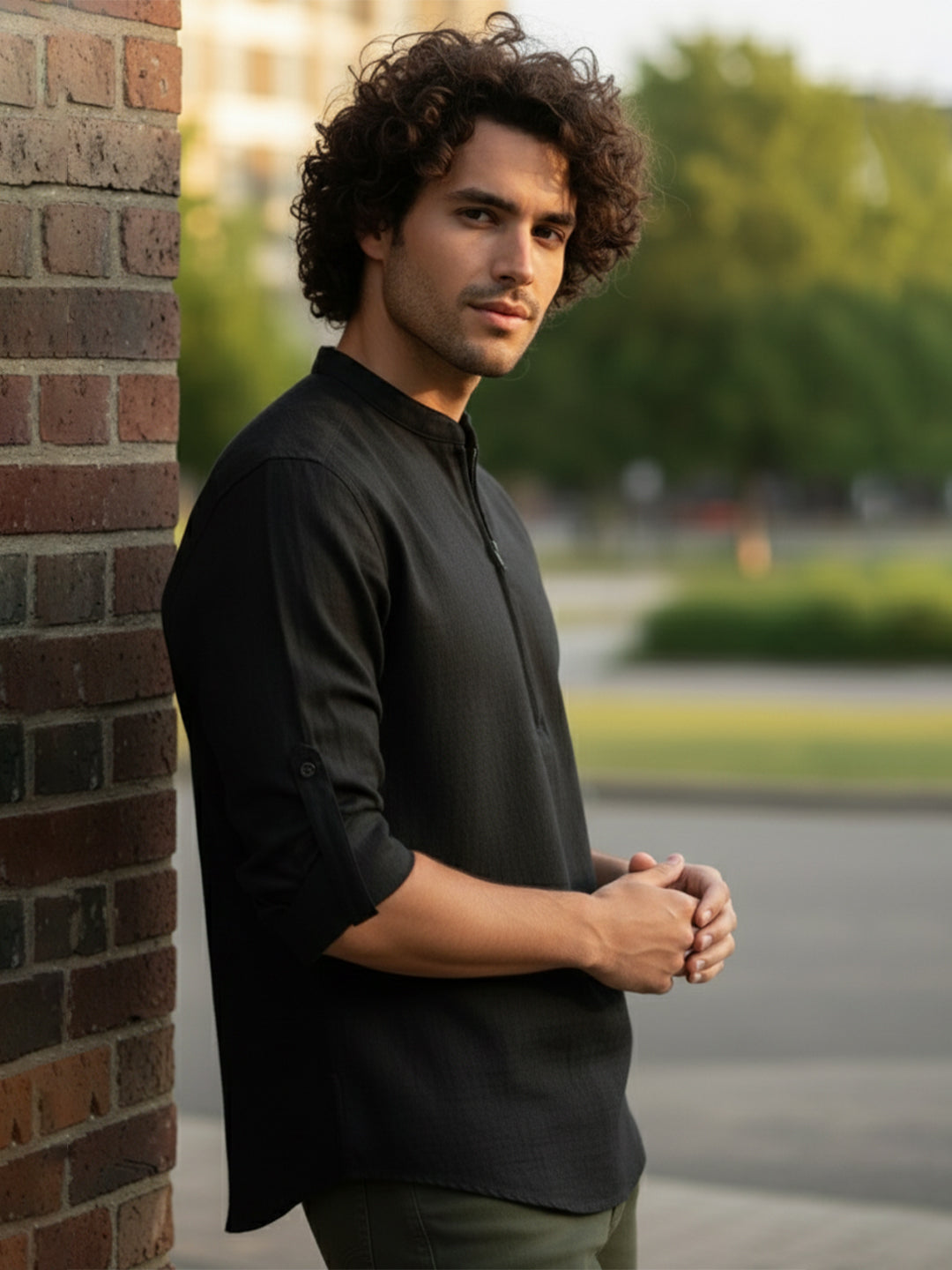 BLUE ROBED Full Sleeve Kurta for men Daily Wear in Black view 24