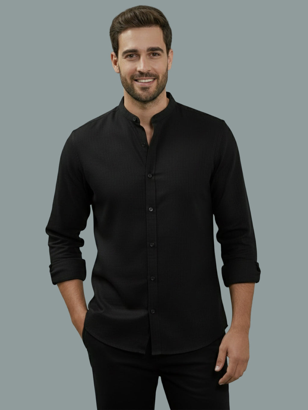 Full Sleeve Chinese Collar Cotton Slim Shirt for Men and Boys in Shirt For Men And Pink by BLUE ROBED, detail view