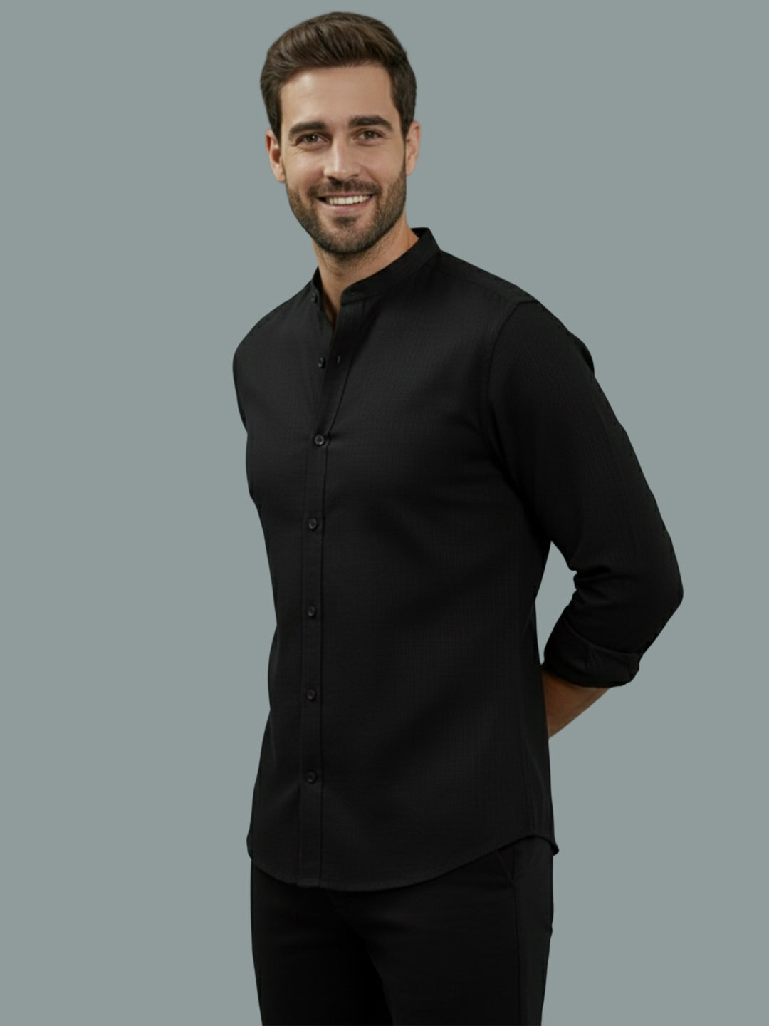 Full Sleeve Chinese Collar Cotton Slim Shirt for Men and Boys in Shirt For Men And Pink by BLUE ROBED, style view