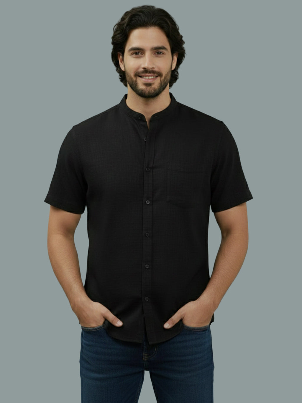Half Sleeve Chinese Collar Cotton Slim Shirt for Men and Boys in Shirt For Men And White by BLUE ROBED, side view