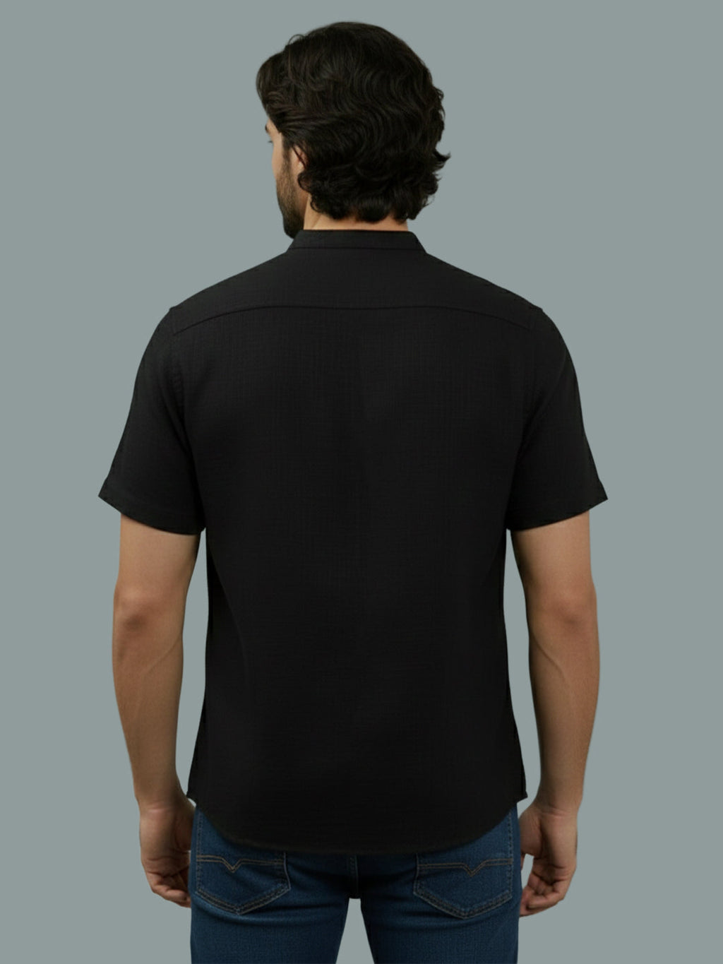 Half Sleeve Chinese Collar Cotton Slim Shirt for Men and Boys in Shirt For Men And White by BLUE ROBED, back view