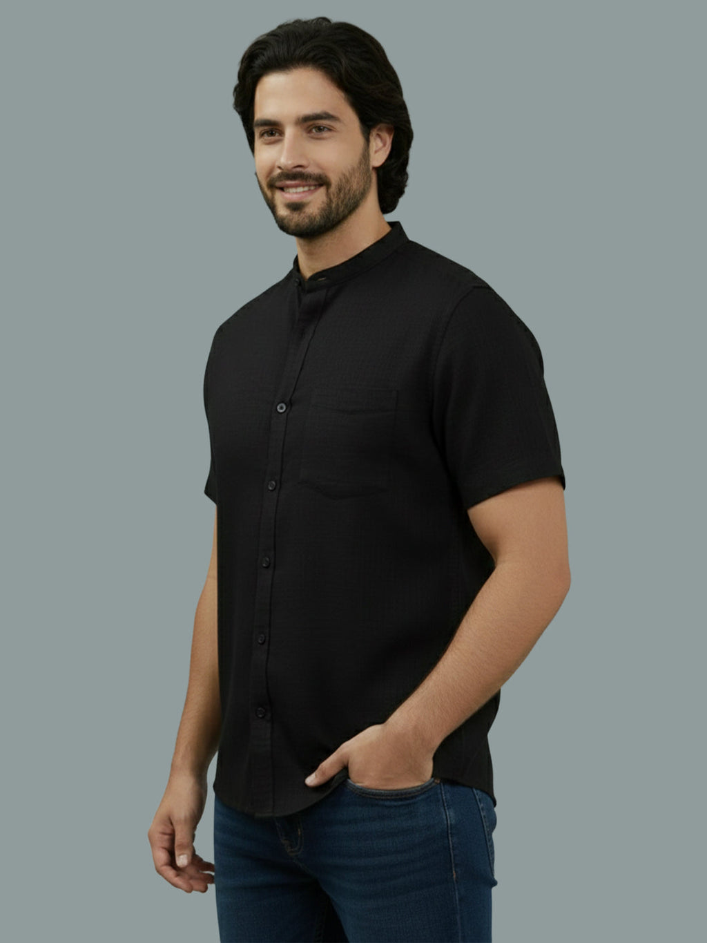 Half Sleeve Chinese Collar Cotton Slim Shirt for Men and Boys in Shirt For Men And White by BLUE ROBED, detail view