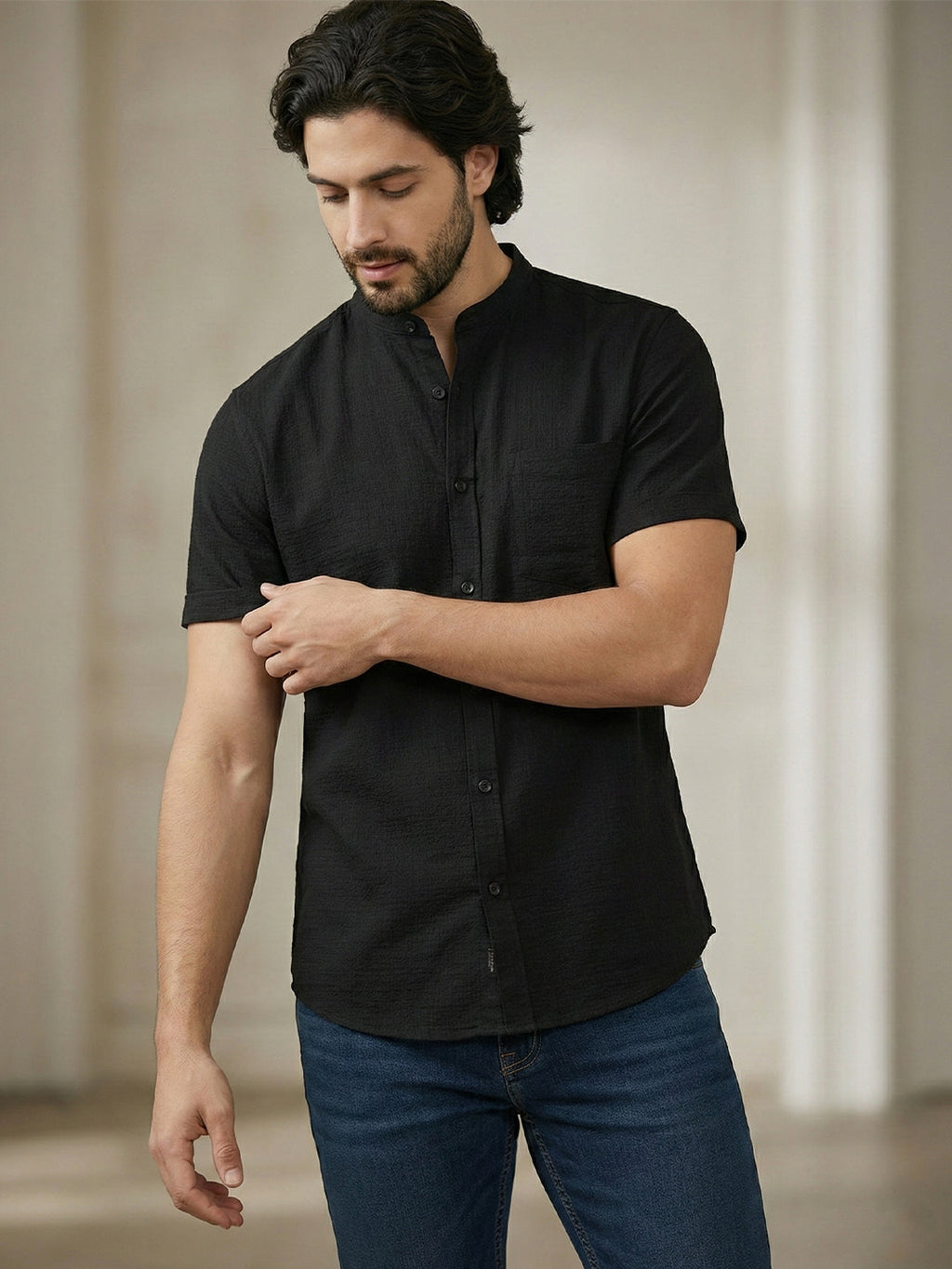 Half Sleeve Chinese Collar Cotton Slim Shirt for Men and Boys in Shirt For Men And White by BLUE ROBED, detail view