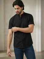 Half Sleeve Chinese Collar Cotton Slim Shirt for Men and Boys in Shirt For Men And White by BLUE ROBED, detail view