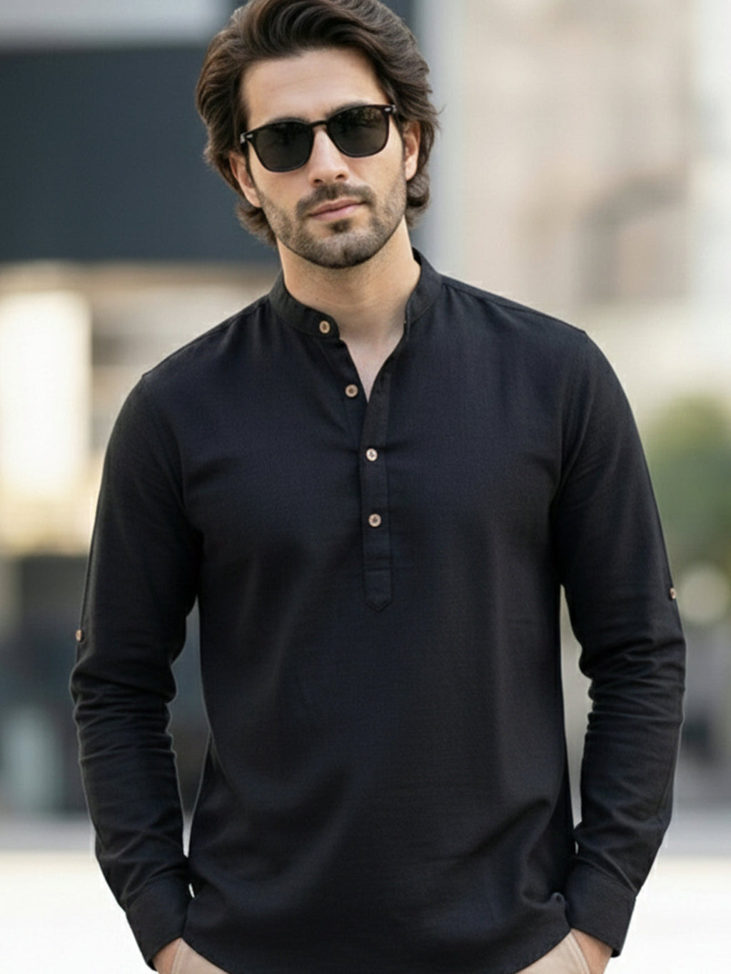 BLUE ROBED Full Sleeve Kurta for men Office Wear in Black view 124