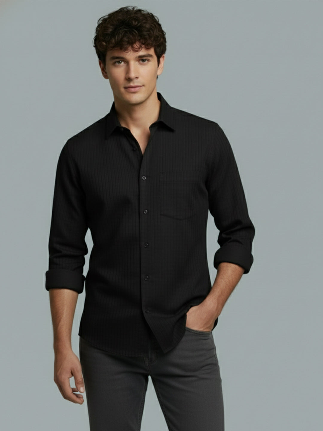 Men's Full Sleeve Spread Collar Premium Casual Shirt for Men Daily Wear in Black by BLUE ROBED, side view