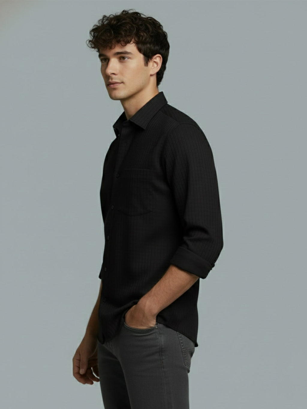 Men's Full Sleeve Spread Collar Premium Casual Shirt for Men Daily Wear in Black by BLUE ROBED, fit view