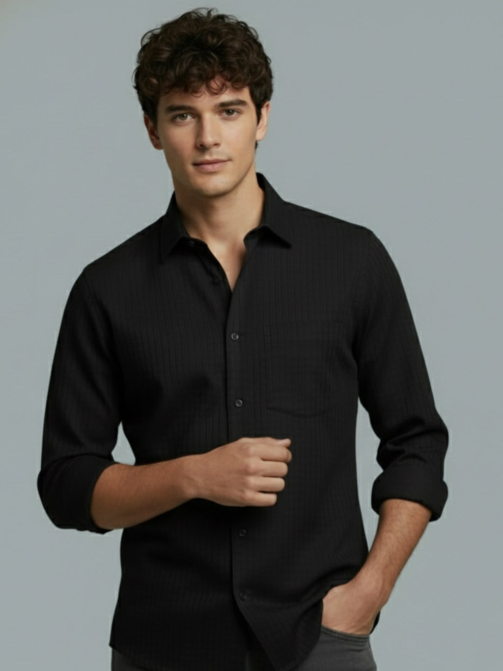 Men's Full Sleeve Spread Collar Premium Casual Shirt for Men Daily Wear in Black by BLUE ROBED