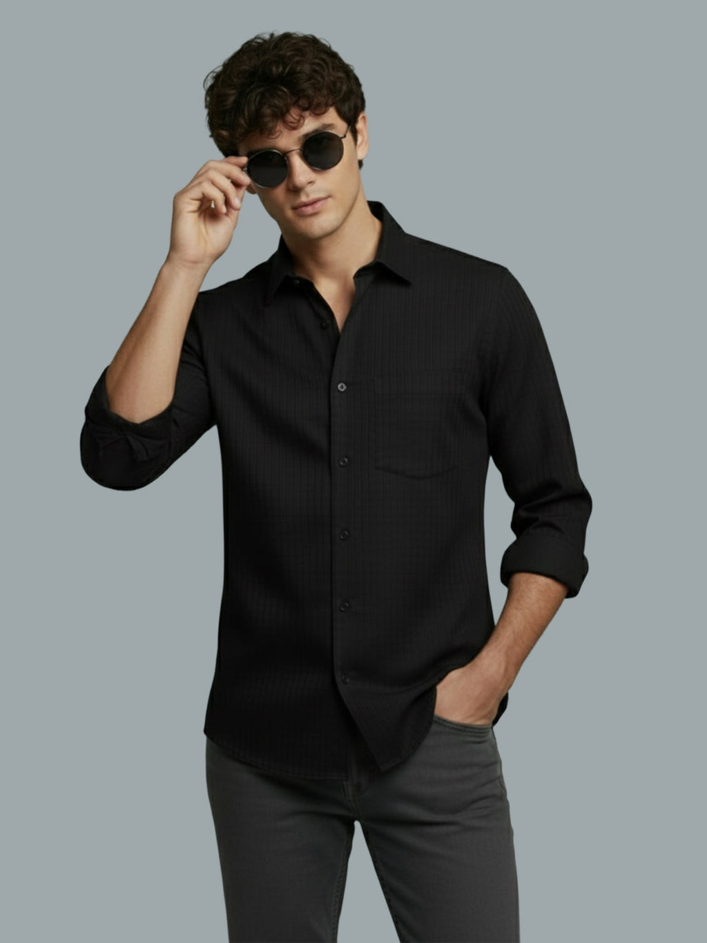 Men's Full Sleeve Spread Collar Premium Casual Shirt for Men Daily Wear in Black by BLUE ROBED, fabric detail