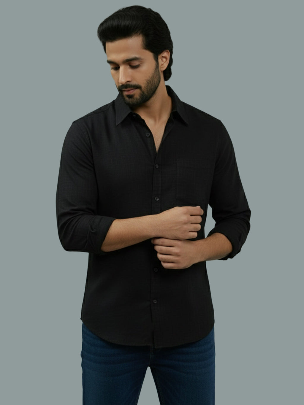 Full Sleeve Spread Collar Cotton Slim Shirt for Men and Boys in Shirt For Men And Green by BLUE ROBED, fit view