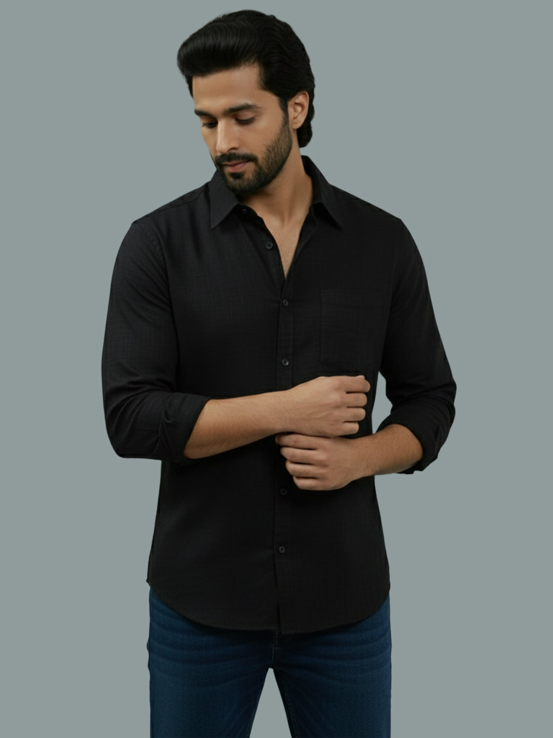 Full Sleeve Spread Collar Cotton Slim Shirt for Men and Boys in Shirt For Men And Green by BLUE ROBED, fit view