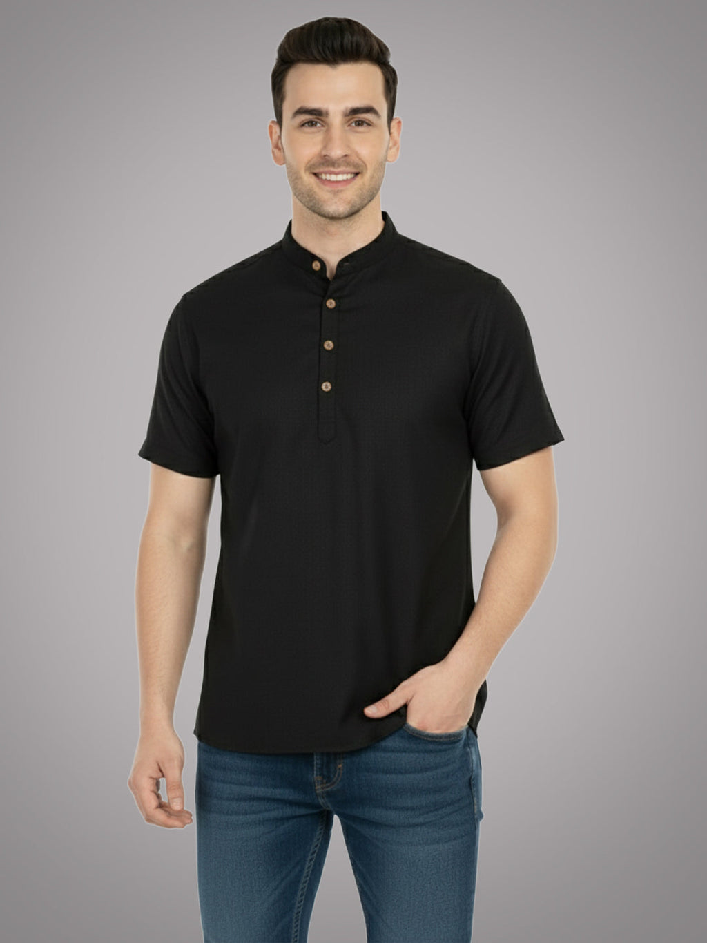 BLUE ROBED Half Sleeve Kurta for men in Black view 15