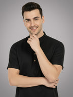 BLUE ROBED Half Sleeve Kurta for men in Black view 17