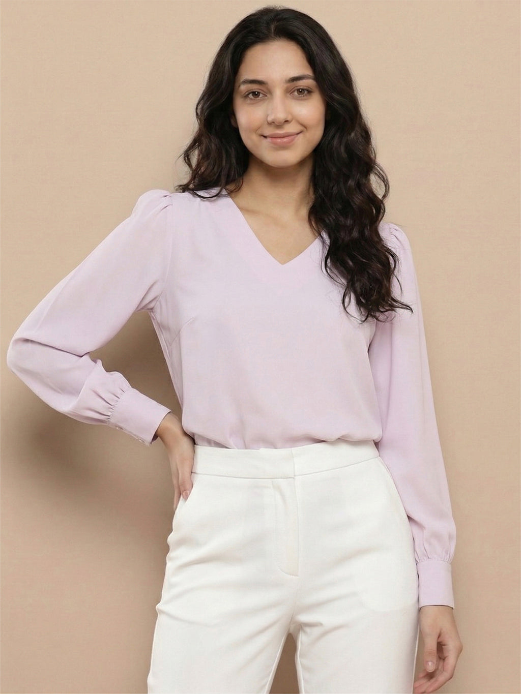 Women’s Crepe Formal Top | Elegant V-Neck Office Wear Blouse