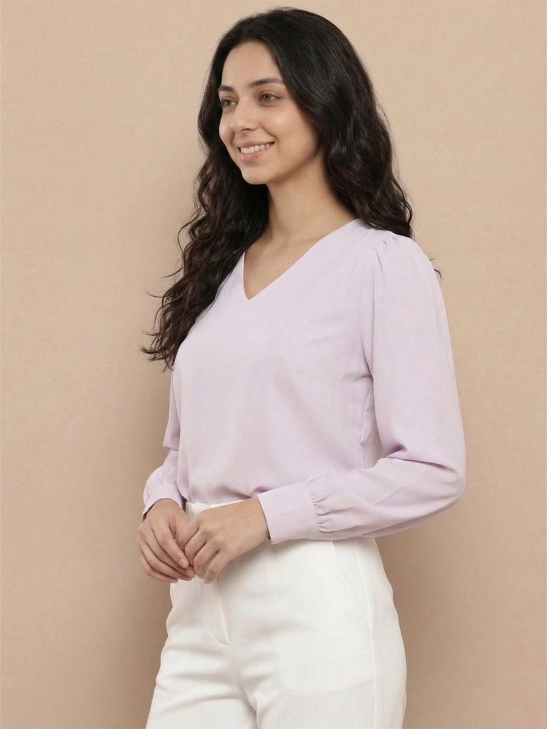 Women’s Crepe Formal Top | Elegant V-Neck Office Wear Blouse