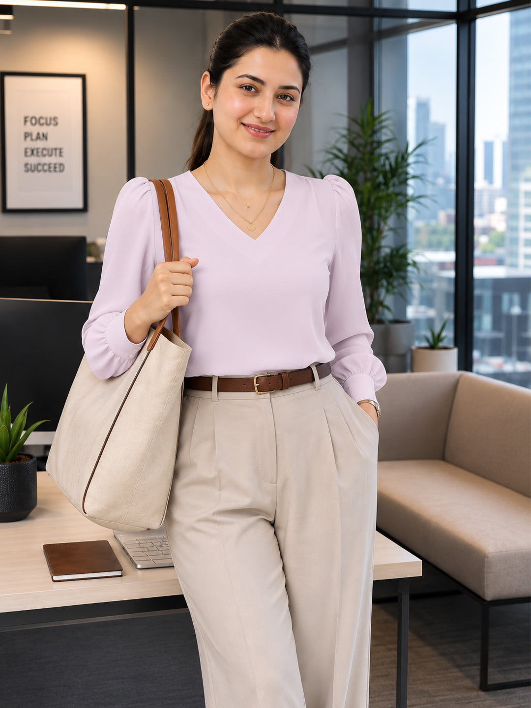 Women’s Crepe Formal Top | Elegant V-Neck Office Wear Blouse