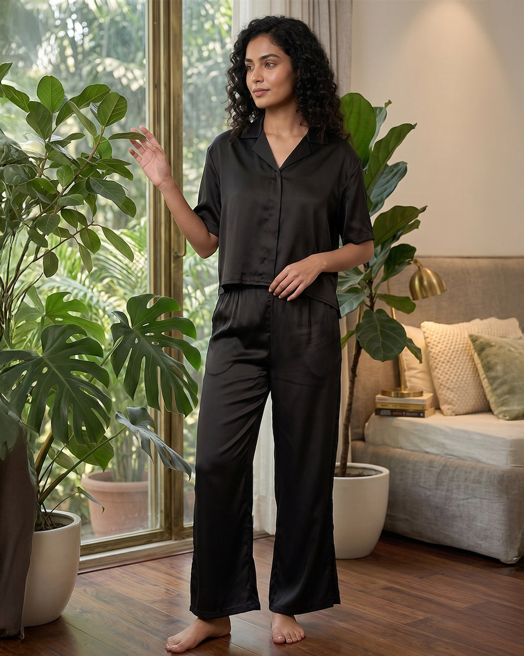 Women’s Black Linen Lounge Co-ord Set | Relaxed Fit Nightwear & Casual Wear