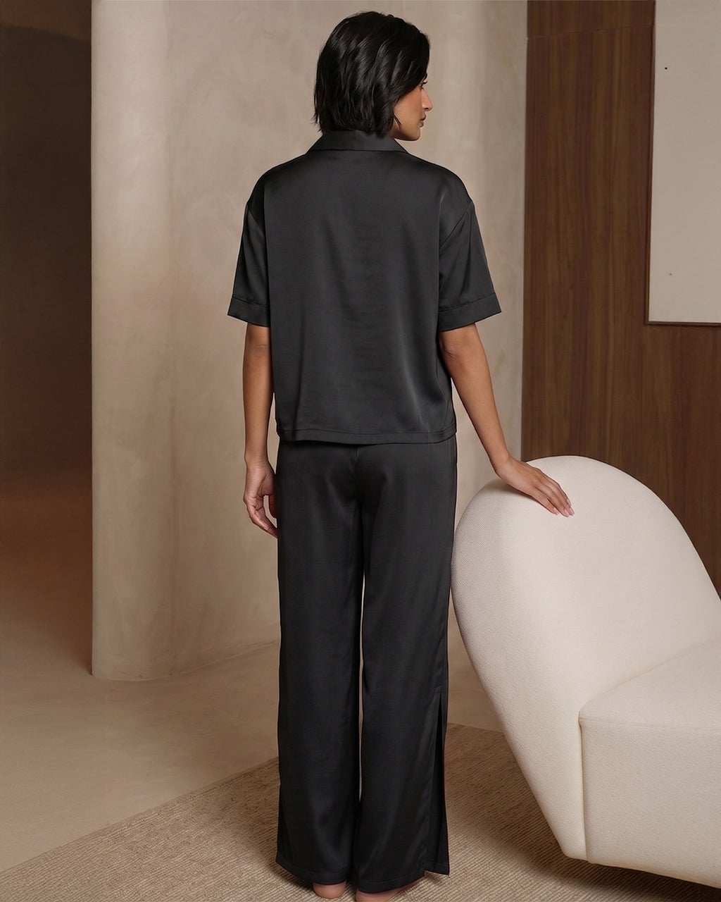Women’s Black Linen Lounge Co-ord Set | Relaxed Fit Nightwear & Casual Wear