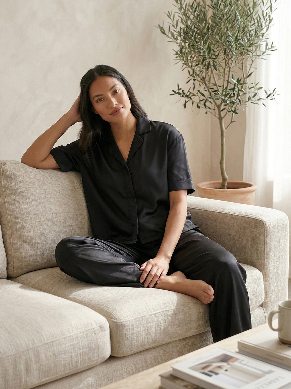 Women’s Black Linen Lounge Co-ord Set | Relaxed Fit Nightwear & Casual Wear