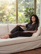 Women’s Black Linen Lounge Co-ord Set | Relaxed Fit Nightwear & Casual Wear