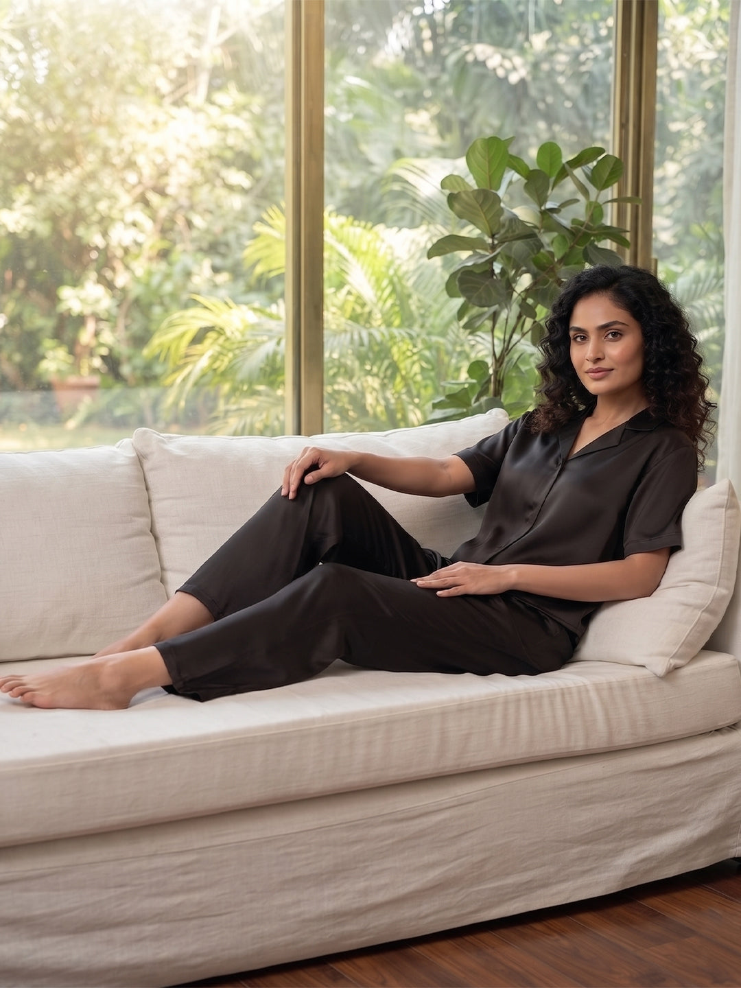 Women’s Black Linen Lounge Co-ord Set | Relaxed Fit Nightwear & Casual Wear