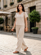 Women's Two Piece Set, Cream, V-Neck Top with Wide Leg Trousers, Short Sleeve