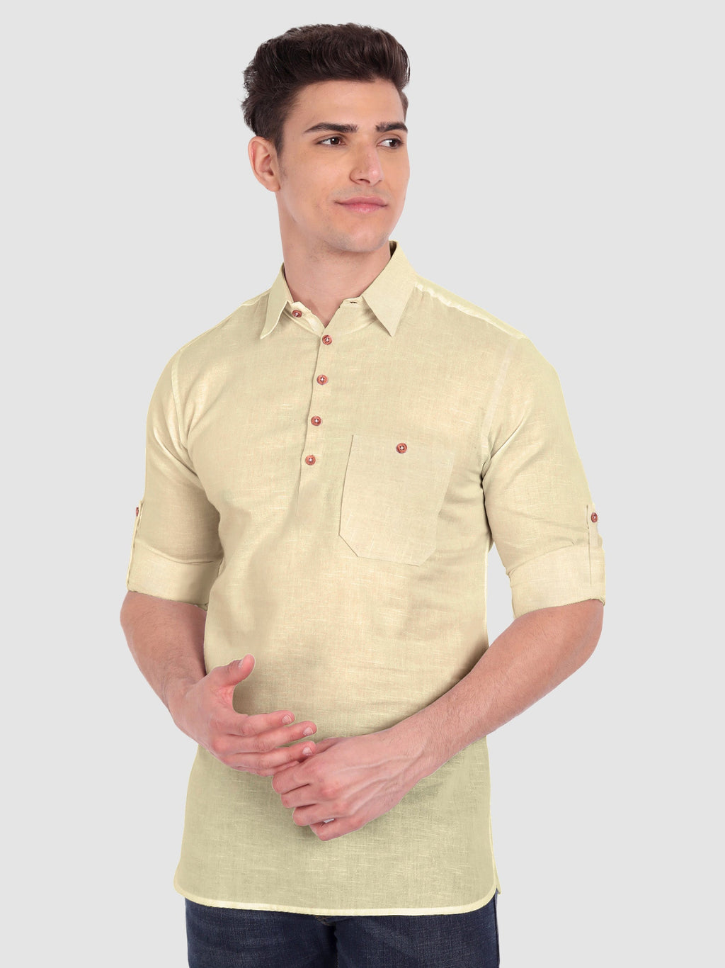 BLUE ROBED men's Full Sleeve Casual Cotton Kurta in Beige view 16