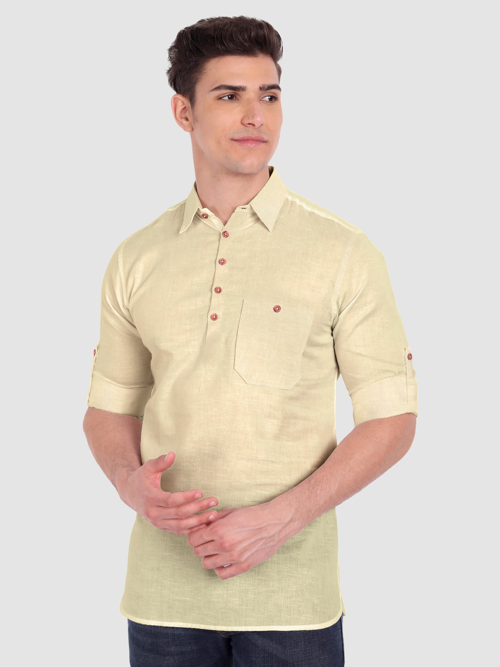 BLUE ROBED men's Full Sleeve Casual Cotton Kurta in Beige view 16