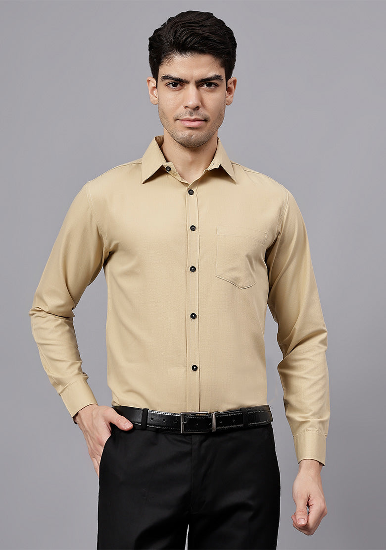 Men's Cotton Blend Slim Fit Formal Shirt in Beige by BLUE ROBED