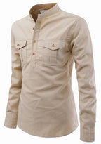 BLUE ROBED men's Casual Slim Fit Full Sleeve Double Pocket Cotton Kurta in Beige view 15