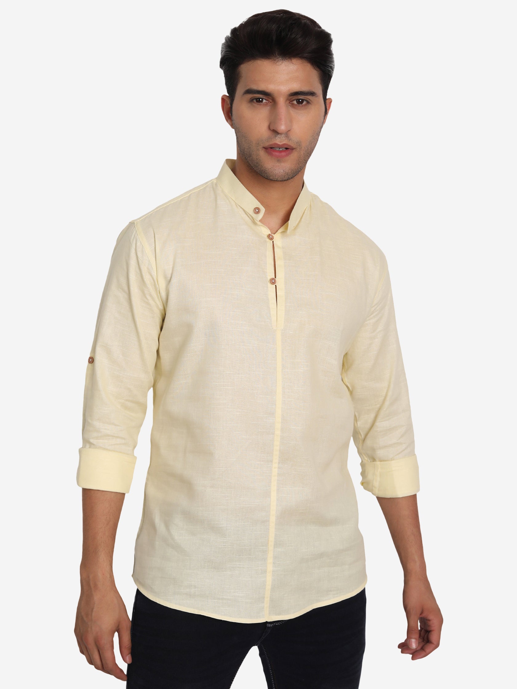 BLUE ROBED Men Double Button Slim Fit Casual Kurta in Beige
