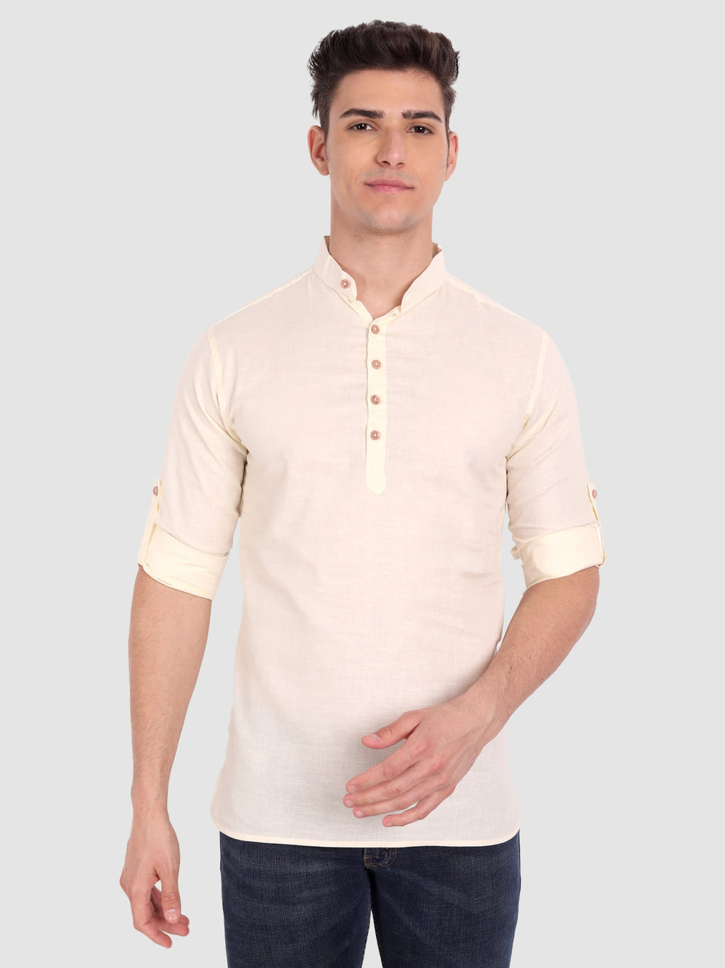 BLUE ROBED men's Casual Slim Fit Full Sleeve Cotton Kurta in Beige view 7
