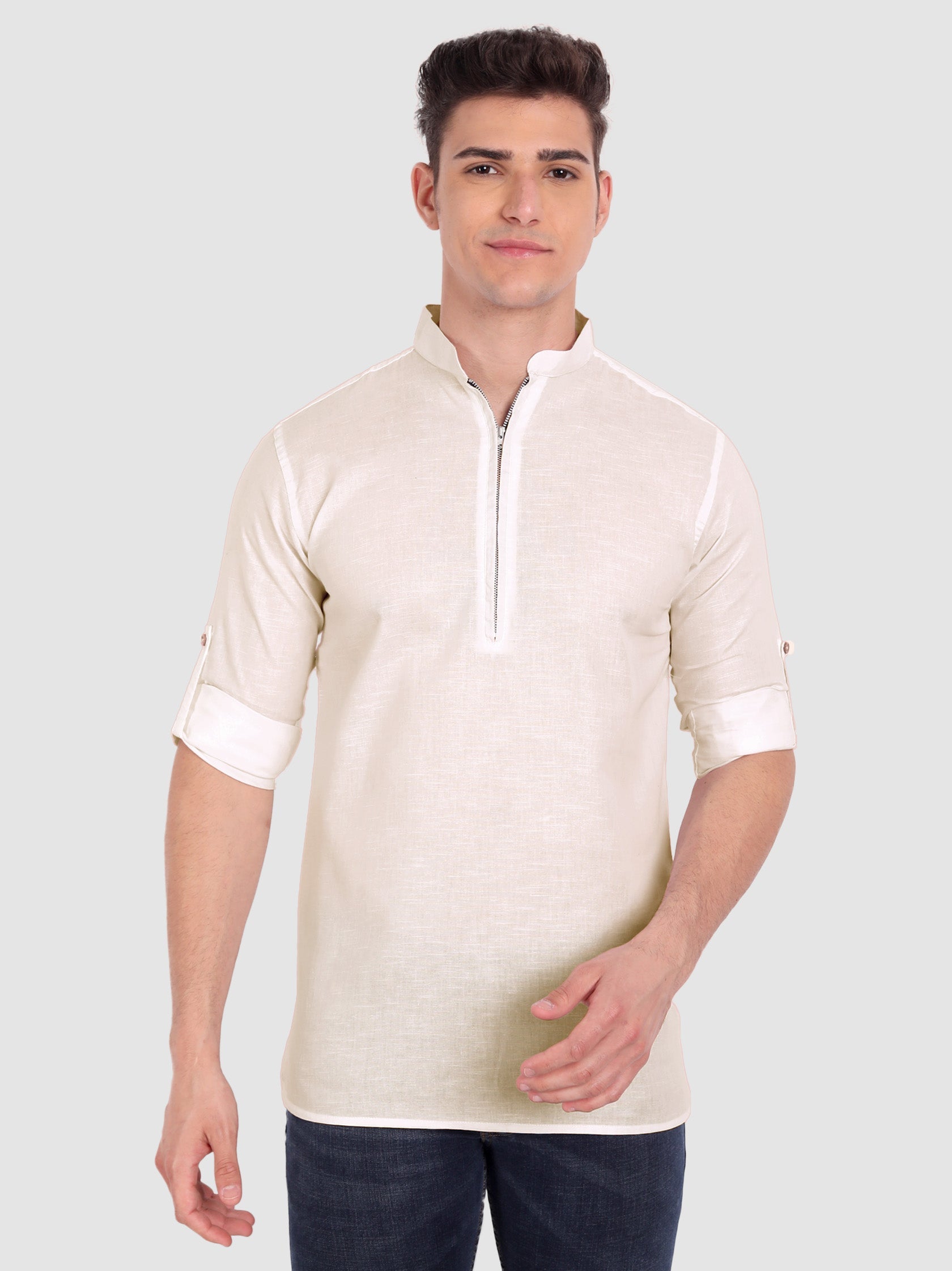 BLUE ROBED men's Casual ZIP Style Full Sleeve Cotton Kurta in Beige view 6