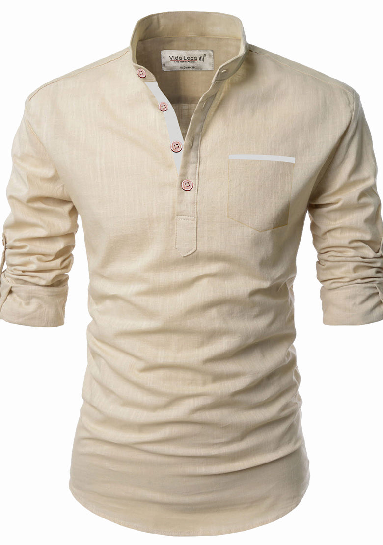 BLUE ROBED men's Casual Slim Fit Full Sleeve Pocket Contrast Kurta in Beige view 6