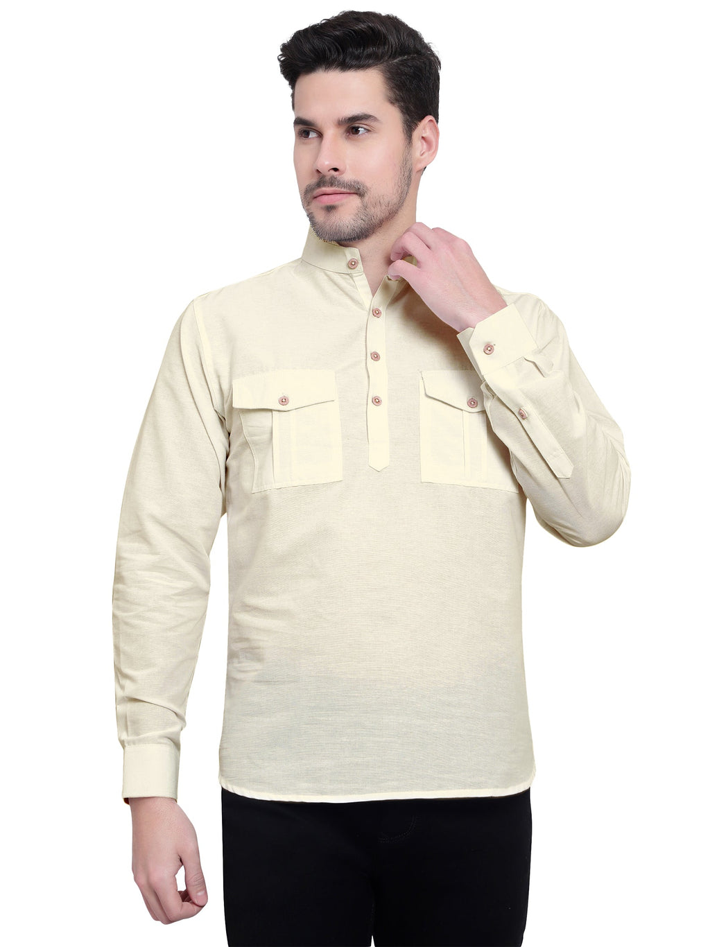BLUE ROBED men's Casual Slim Fit Full Sleeve Double Pocket Cotton Kurta in Beige style B view 21