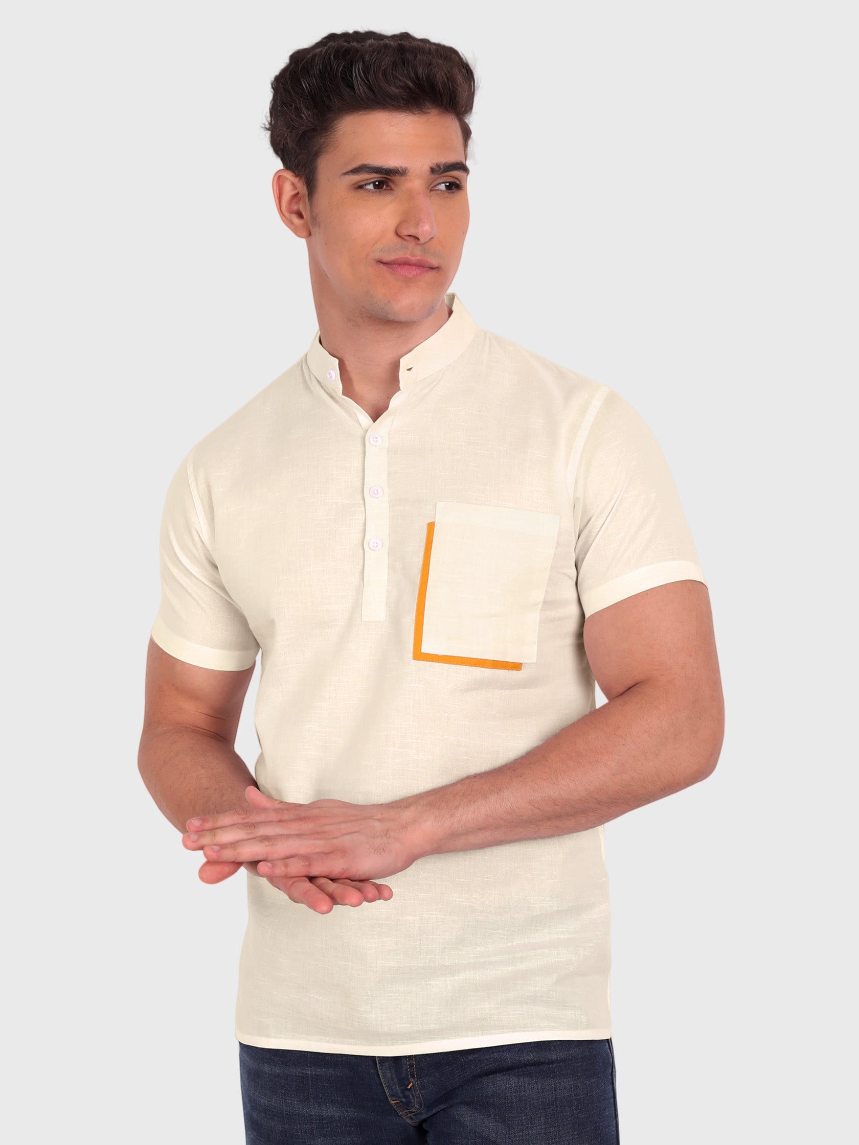 BLUE ROBED men's Casual Half Sleeve Slim Fit Kurta in Beige view 6